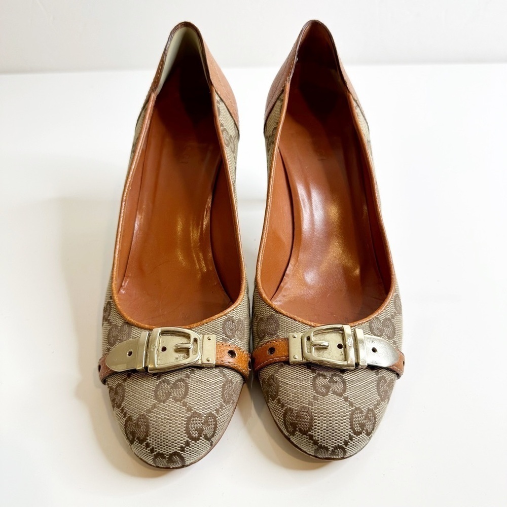 GUCCI GG Monogram Canvas Buckle Pumps Leather Trim Brown Grey Women's 38 US 7.5 - Picture 2 of 10